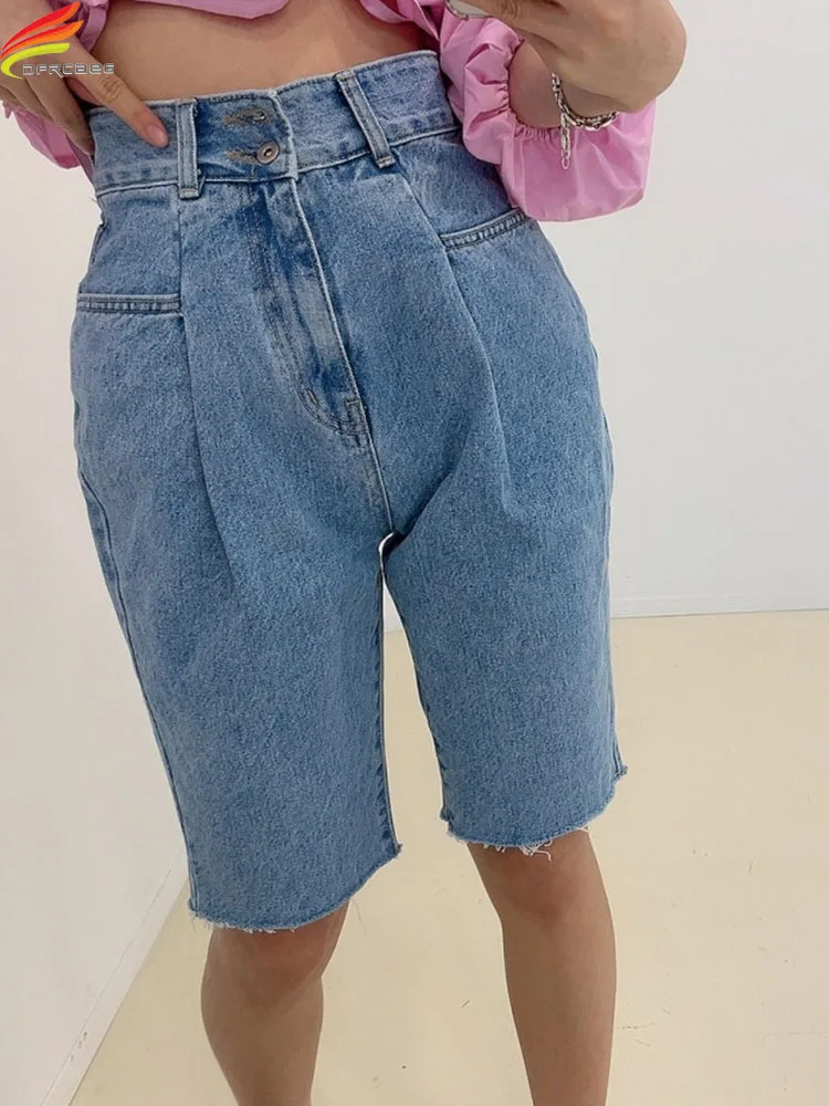 

DFRCAEG 2022 Summer Women's Denim Shorts Double Buttons Up Slim Ladies Blue Jeans Shorts Tassel Street Wear Casual Short Femme