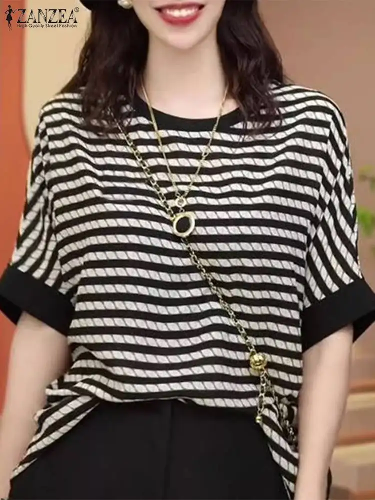 Праздничная блузка с принтом в полоску ZANZEA женские блузы коротким рукавом лето