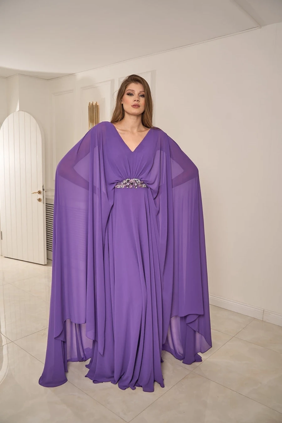 

Purple Chiffon Prom Dresses 2023 V-neck Beads Floor-Length Backless Elegant vestidos de Evening Dresses فساتين مناسبة رسمية