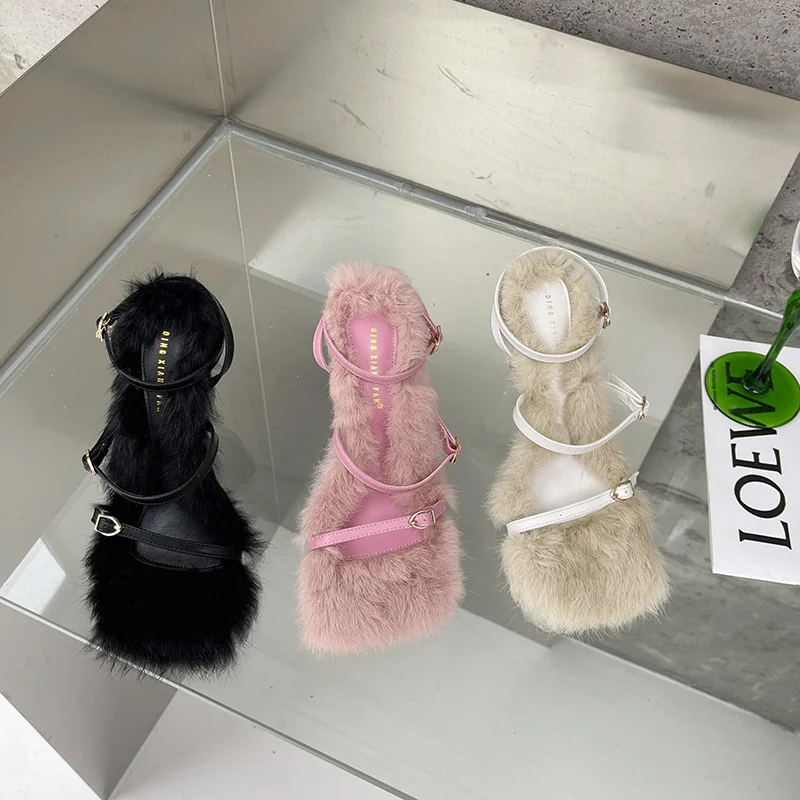 

Autumn And Winter Women Pump Shoes 2022 New Fur Niche Design High Heels Women's Thin Heel Buckle Rabbit Fur Sandals