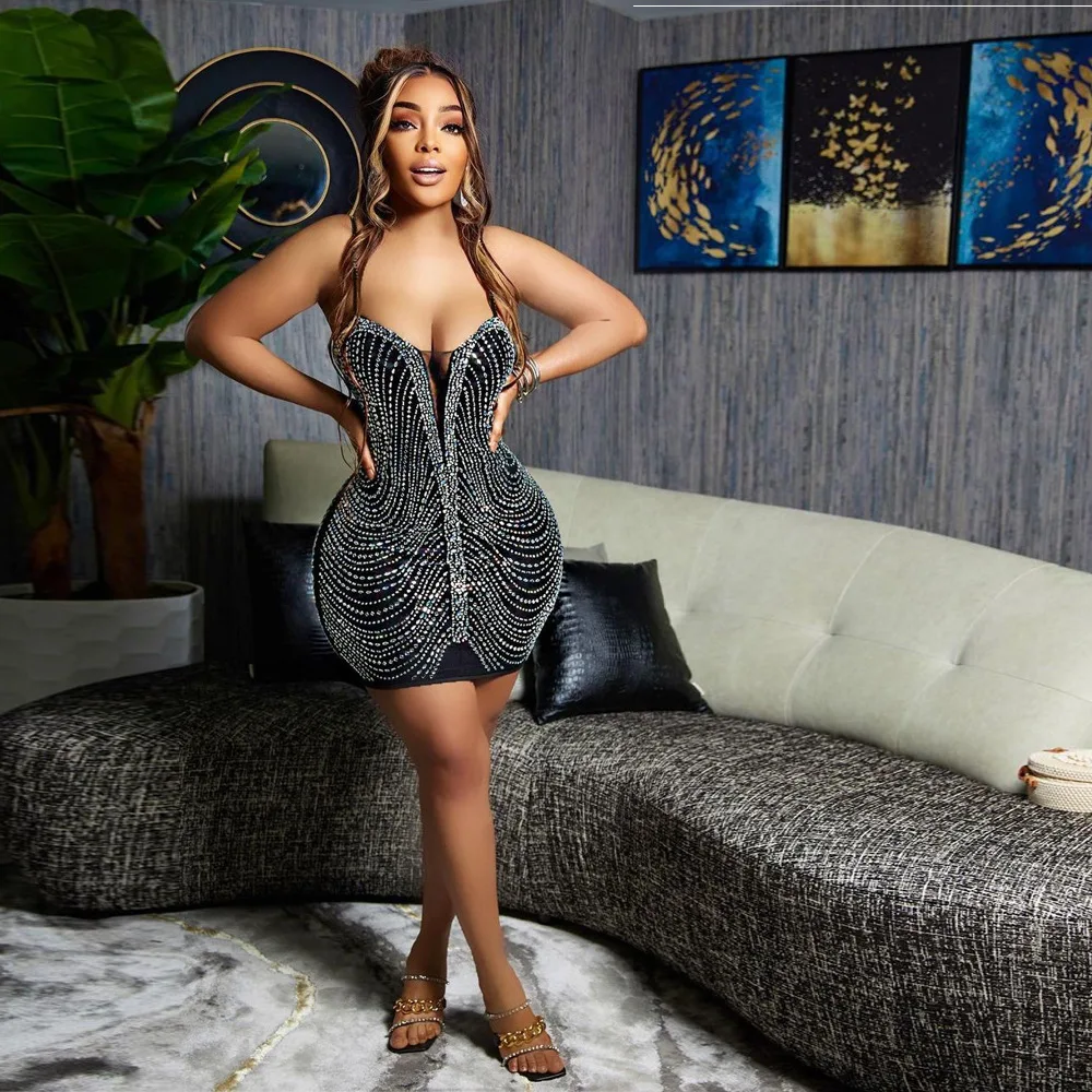 

Женское мини-платье со стразами без рукавов, на бретельках, с V-образным вырезом, эластичные облегающие платья, сексуальные летние платья дл...