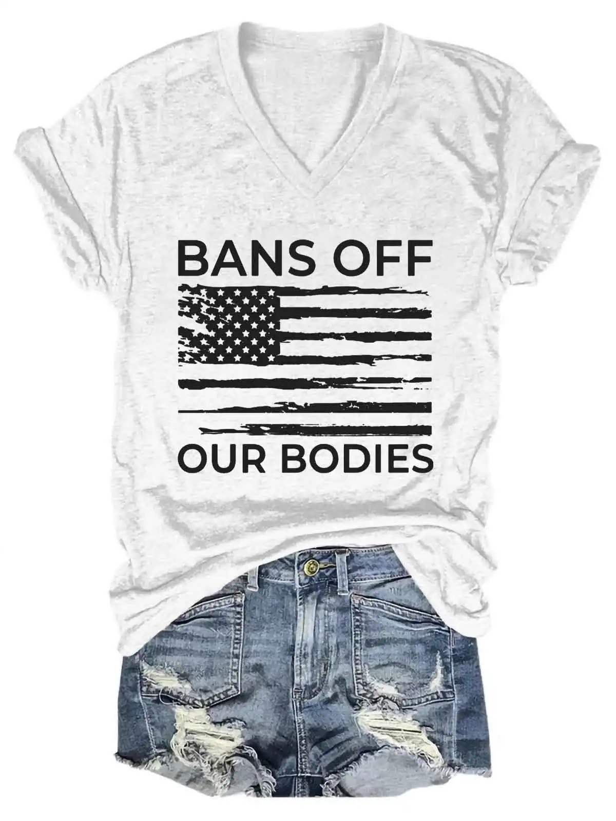 Lovessales Women's Bans Off Our Bodies American Flag V-Neck 100% Cotton T-shirt