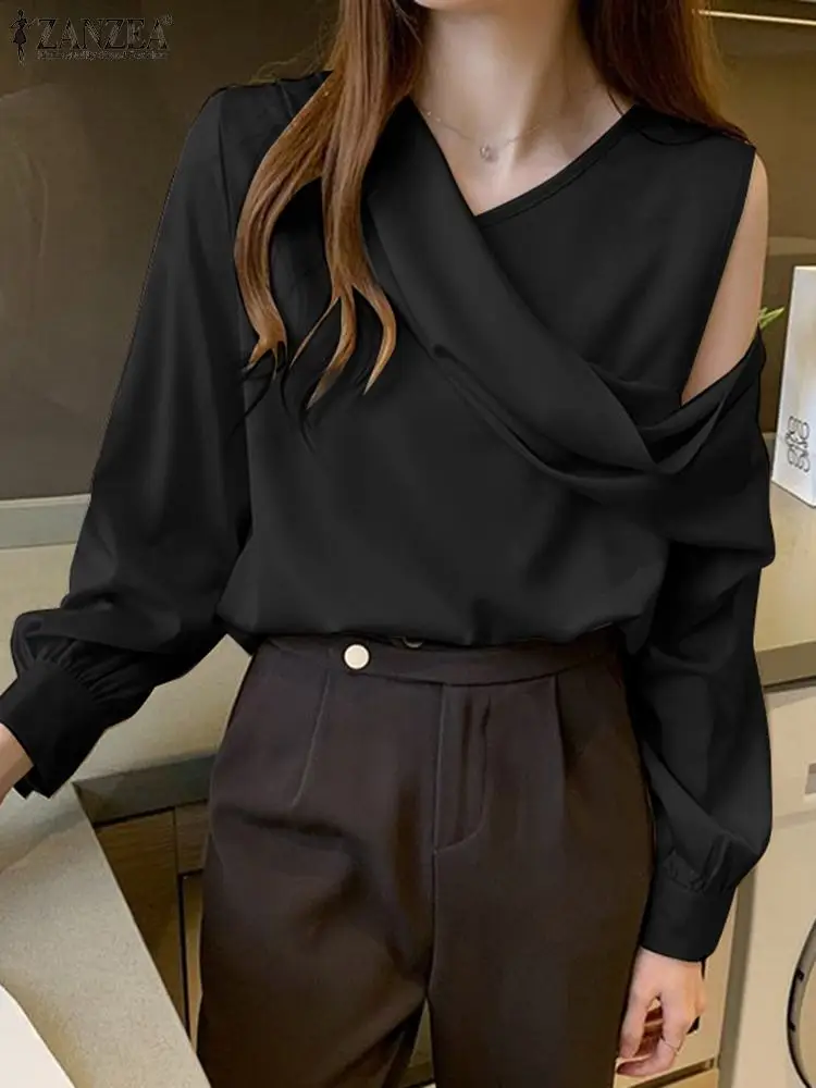 

ZANZEA Elegant Party O-Neck Irregular Shirt Women Satin Silk Top 2023 Cold Shoulder Blouse Autumn Fashion Long Sleeve Wrap Tunic