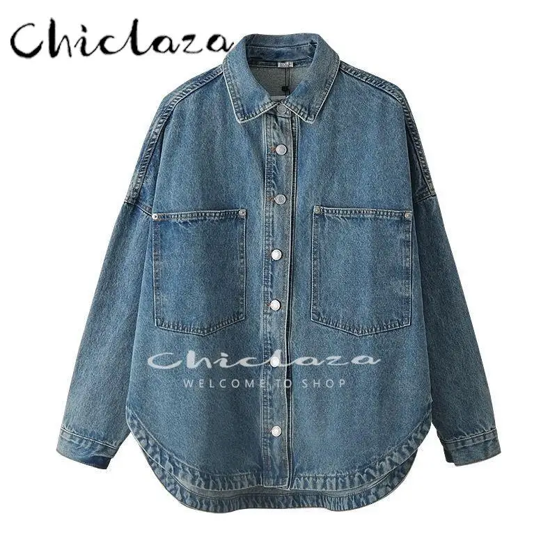 

CHICLAZA 2022 Spring Autumn Women Solid Casual Jean Jacket Coat Female Fashion Single-Breasted Lapel Loose Outwear Ladies