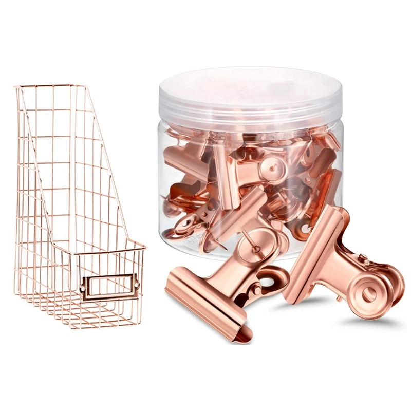 

30Pcs Push Pins Clips With Thumb Tacks Set (Rose Gold) & 1 Pcs File Holder Mesh Bedroom Stationery Desk Organizer