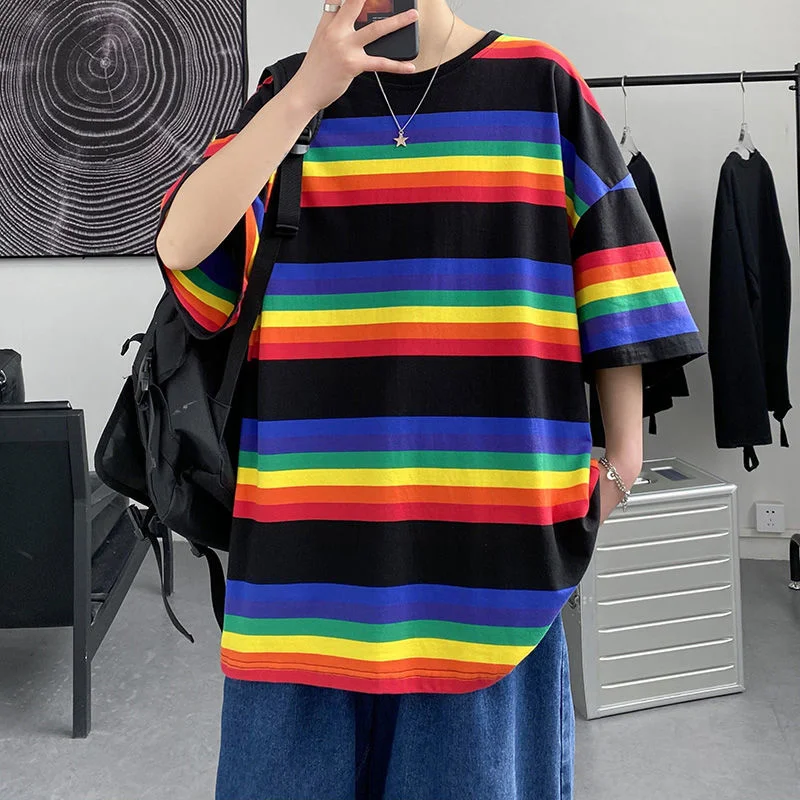 

Повседневные мужские футболки, универсальные модные свободные топы контрастных цветов радуги, тонкая мужская одежда оверсайз с коротким р...