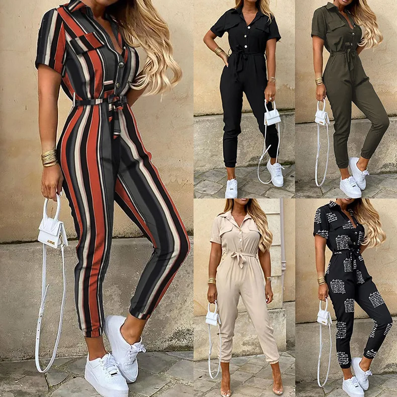

2023 Women's casual lapel printed belt work suit jumpsuit