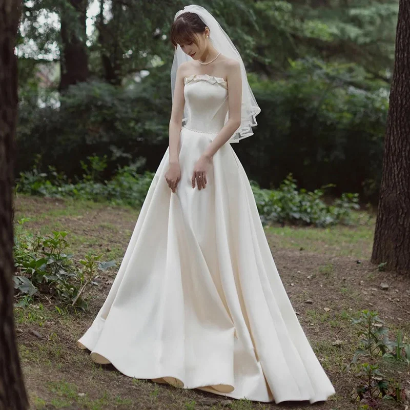 

Wedding Dress Simple and Elegant Formal Dress French Bra Photography Wedding Dress Bride Satin Hepburn Simple Gauze