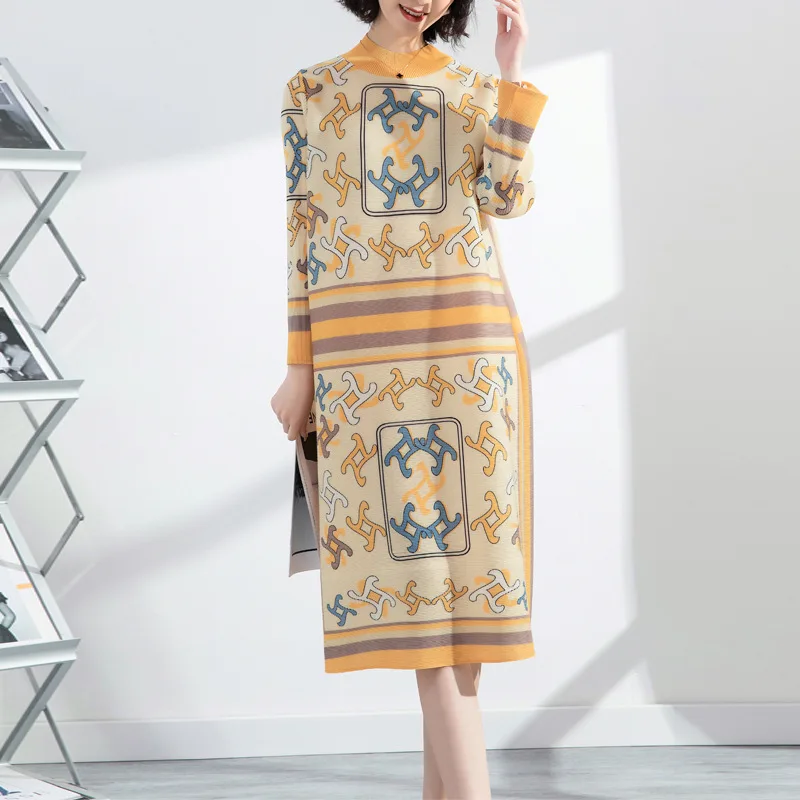 

Miyake Printed Pleated Dress for Women 2022 Spring New Fashion Large Size Loose Plump Girls Slim Looking Base Women's Clothing