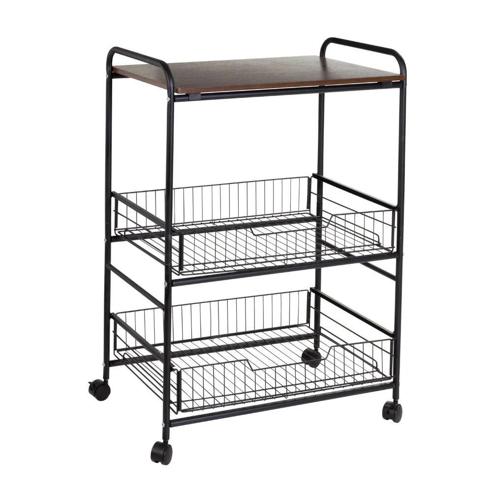 

Honey Can Do 3-Tier Rolling Cart with Wood Shelf and Pull-Out Baskets, Black/Walnut