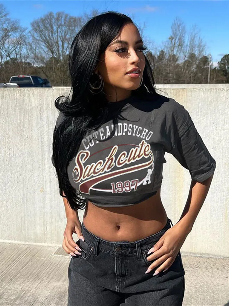 

WLWXR летняя уличная одежда свободные футболки с графическим принтом с круглым вырезом футболки с коротким рукавом укороченные топы женские ...