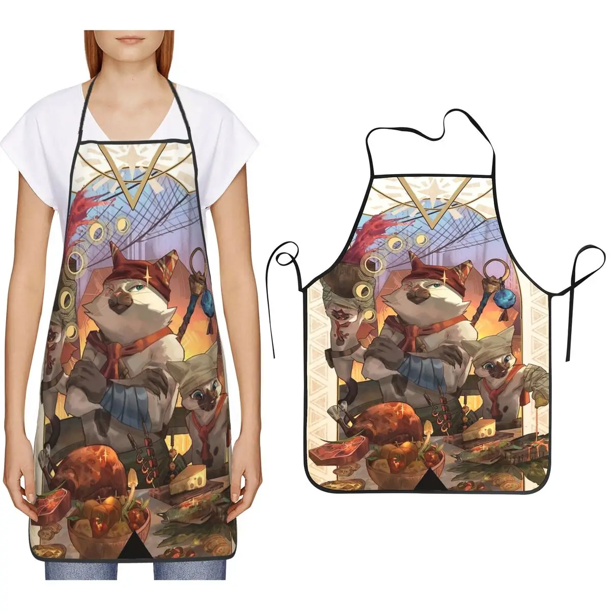 Фото Фартук Monster Hunter Palico Cat Meowscular для шеф-поваров, без рукавов, для кухни, уборки, рисования, для женщин и мужчин №5