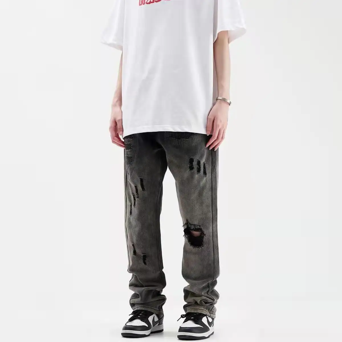 Men Pants Four Seasons High Street Trend Hole Gradient Shuffle Tide Brand Loose Straight Casual Denim Trousers Men Ins Hot Sale