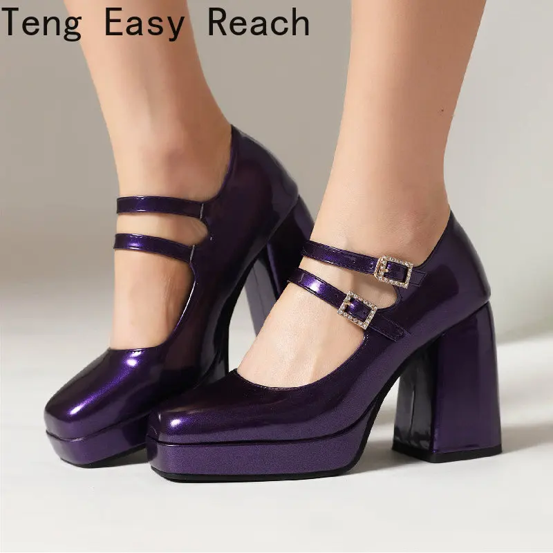 

Sexy Patent Leather Woman Mary Janes Shoes Fashion Spring Women's Belt Buckle Heels Dance Party Wedding Shoes Black Purple Blue
