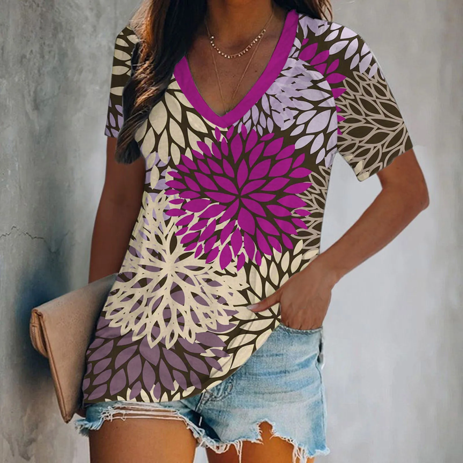 

Женская Летняя туника с цветочным принтом, V-образным вырезом и коротким рукавом