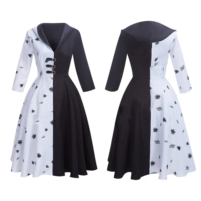 Аниме Cruella De Vil Хэллоуин Косплей Костюм Злая Королева Эмма Женщины Черно-Белая