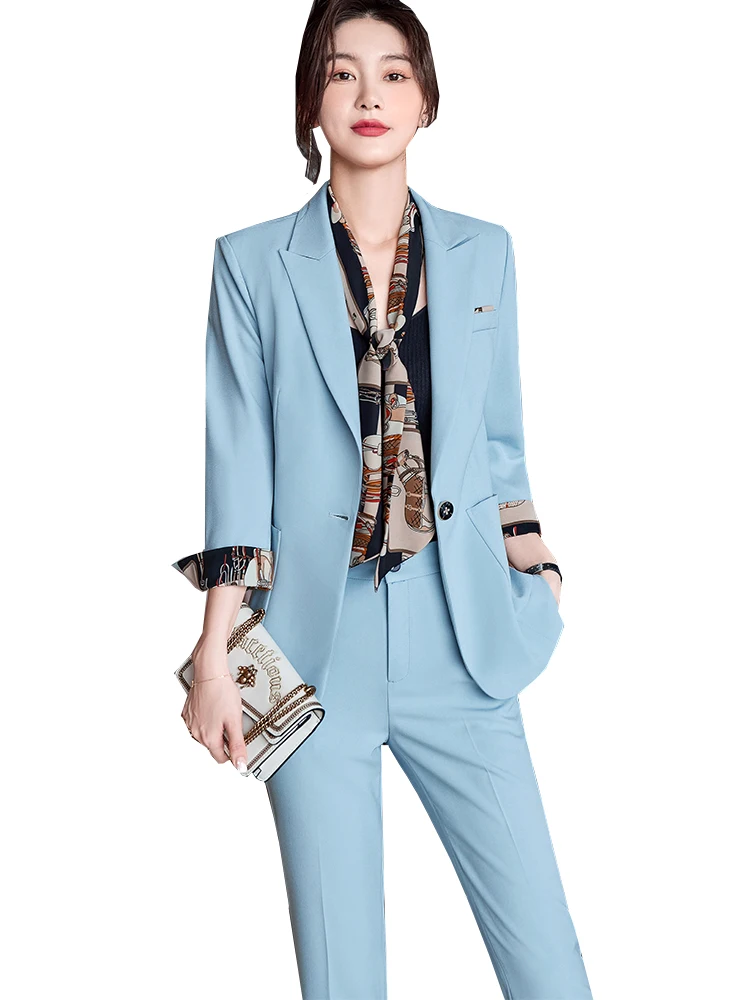 New Arrival Spring Summer Blazer and Pant Suit Blue Black Office Ladies Formal Business Work Wear Two Piece Set