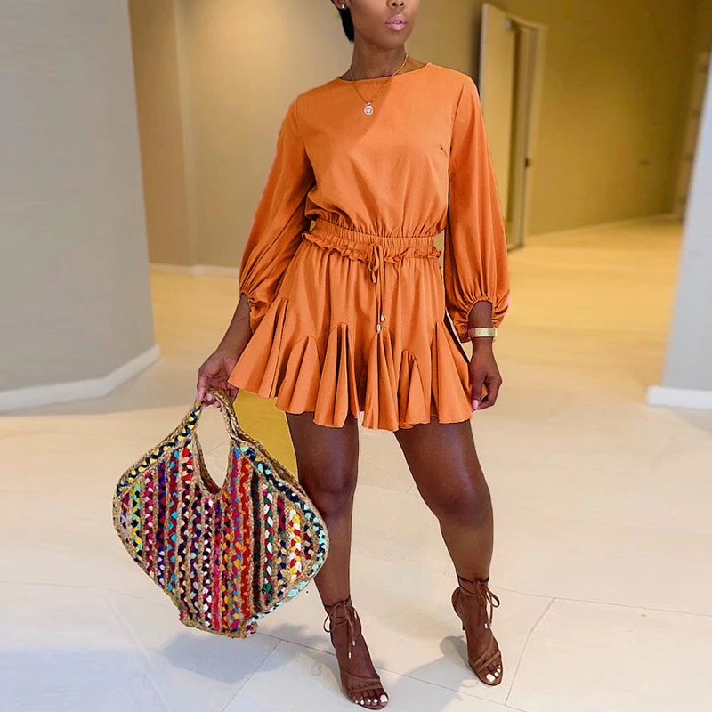 

Casual Women Round neck puff Long Sleeve Solid Color Romper Jumpsuit Shorts High waist Jumpsuit