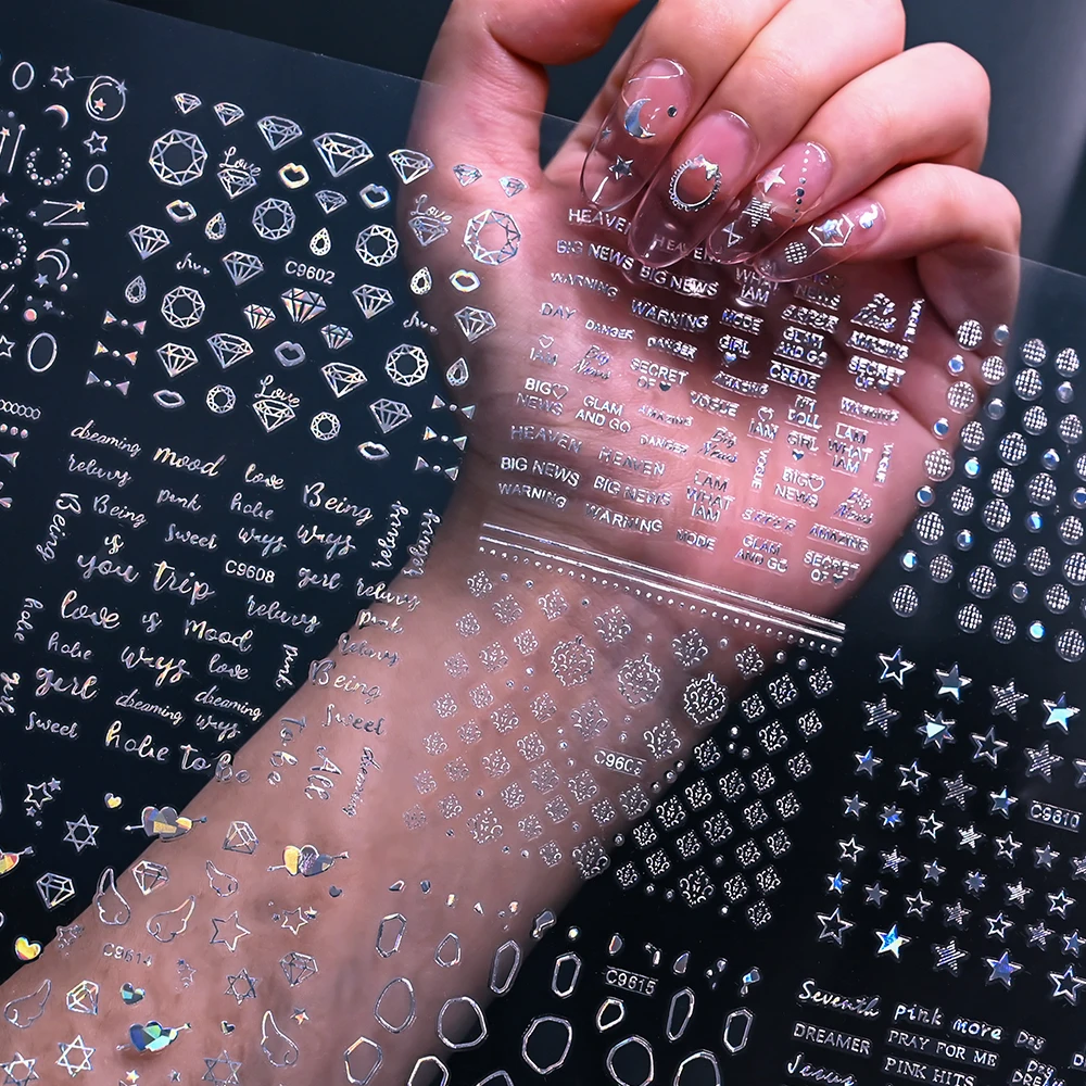 30 листов алмазный дизайн наклейки для ногтей лазерные Серебряные звезды сердце 5
