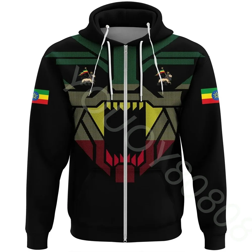 

New Autumn Winter African Region Country Cardigan Men's Sweater Print Casual Street Ethiopia Strong Lion Zip Hoodie