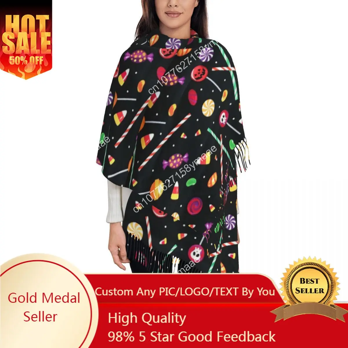 

Custom Happy Halloween Shawl Wrap for Women Winter Large Soft Scarf Cartoon Candy Toffee Pashmina Shawl Scarves