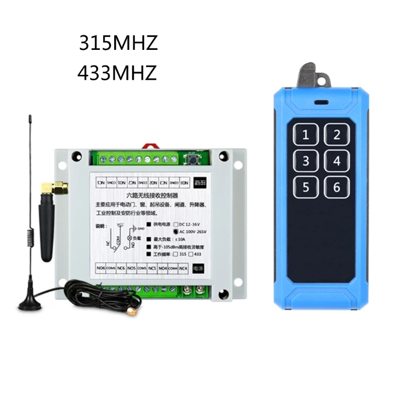 

315Mhz/RF433Mhz Wireless Remote Control Switch AC 85V 110V 220V Relay 6CH Receiver Controller and 6Button Transmitter