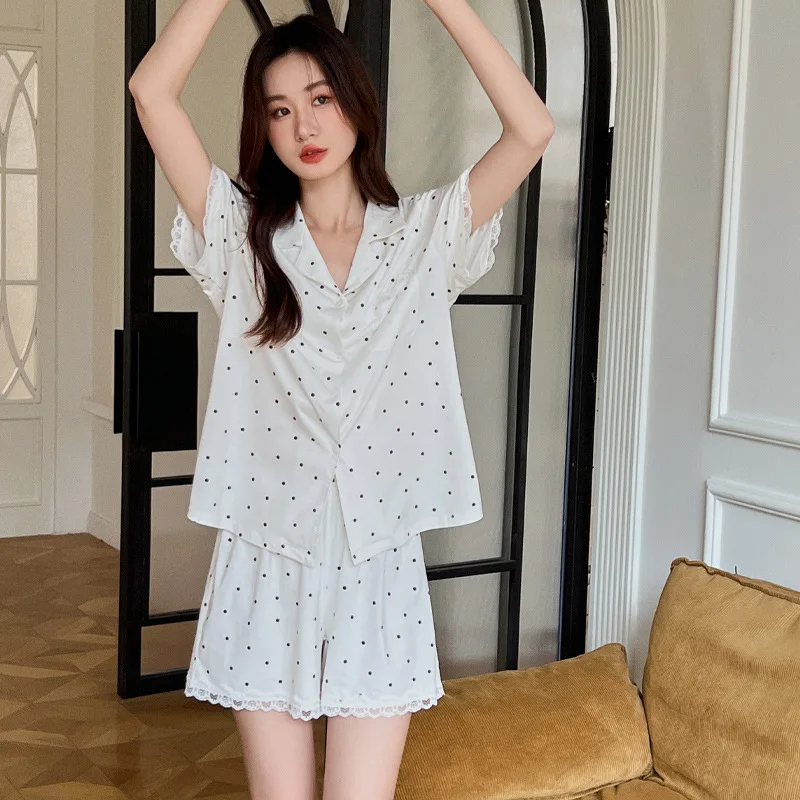 

Pajamas for Women's Summer Thin Section Simple Pure Cotton Polka Dot Short-sleeved Shorts Home Service Suit Can Be Worn Outside
