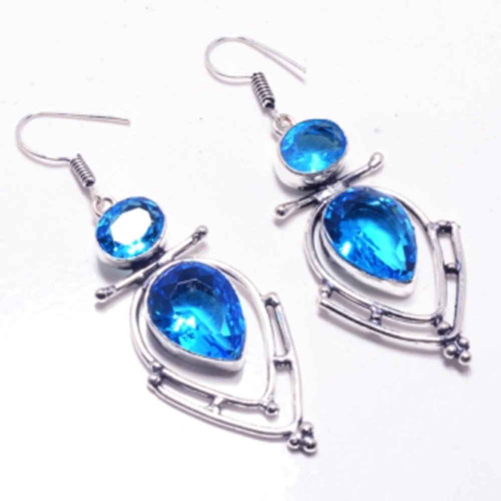 

Серьги с синим топазом и серебристым покрытием из меди, Женские Ювелирные изделия ручной работы в подарок, E5568