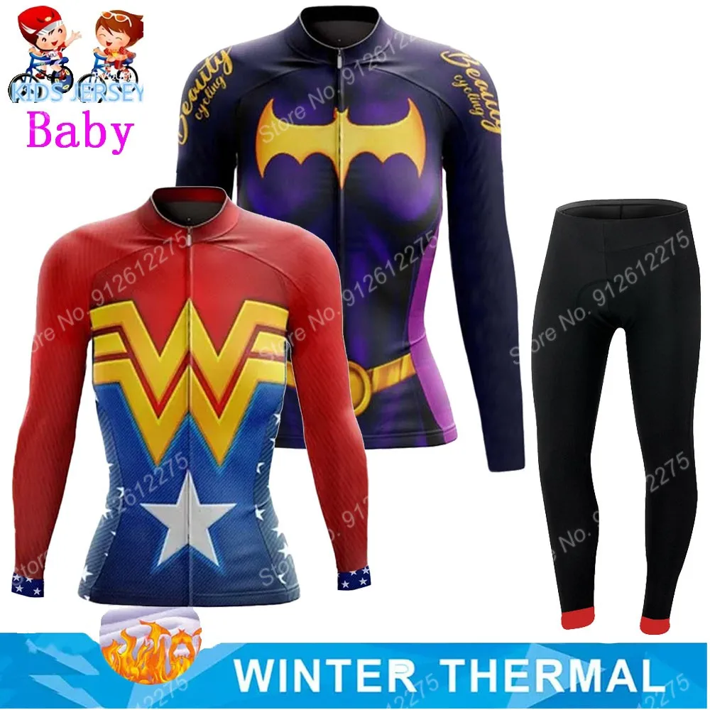 

2022 Kids Cartoon Anime Winter Hero Cycling Jersey Set Boys Girl Long Sleeve Clothing Road Bike Thermal Jacket Suit MTB Ropa