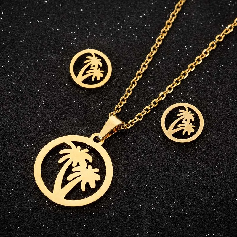 

Fashion Summer Small Fresh Round Coconut Tree Necklace Pendant Set Girl Stainless Steel Plant Pendant Set
