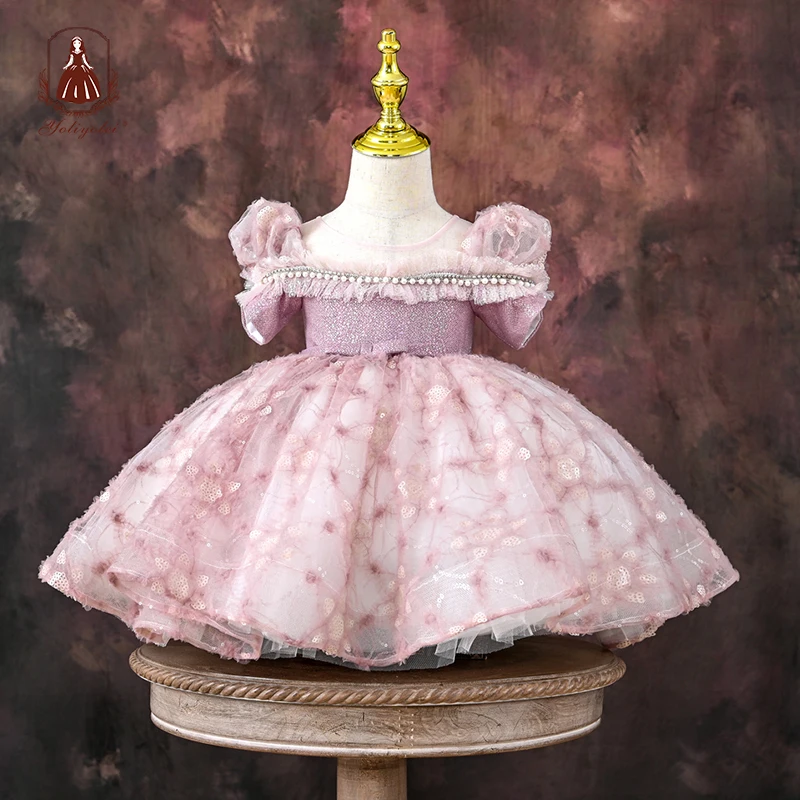 

Yoliyolei Comfortable Fluffy 3 year birthday dress Onion Pink 3D Pattern Short Sleeve Princess Child luxurious girls dresses