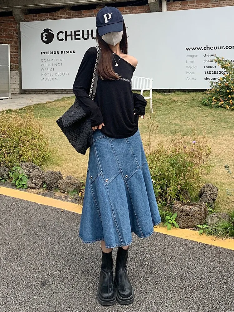 

Vintage Washed Fishtail Denim Skirt Women High Waist Skirt Mid Length