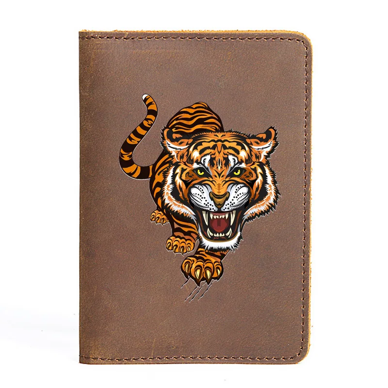 

Genuine Leather Passport Cover Dangerous Tiger Printing Vintage Men Women Slim ID Card Holder Pocket Case Travel Wallet