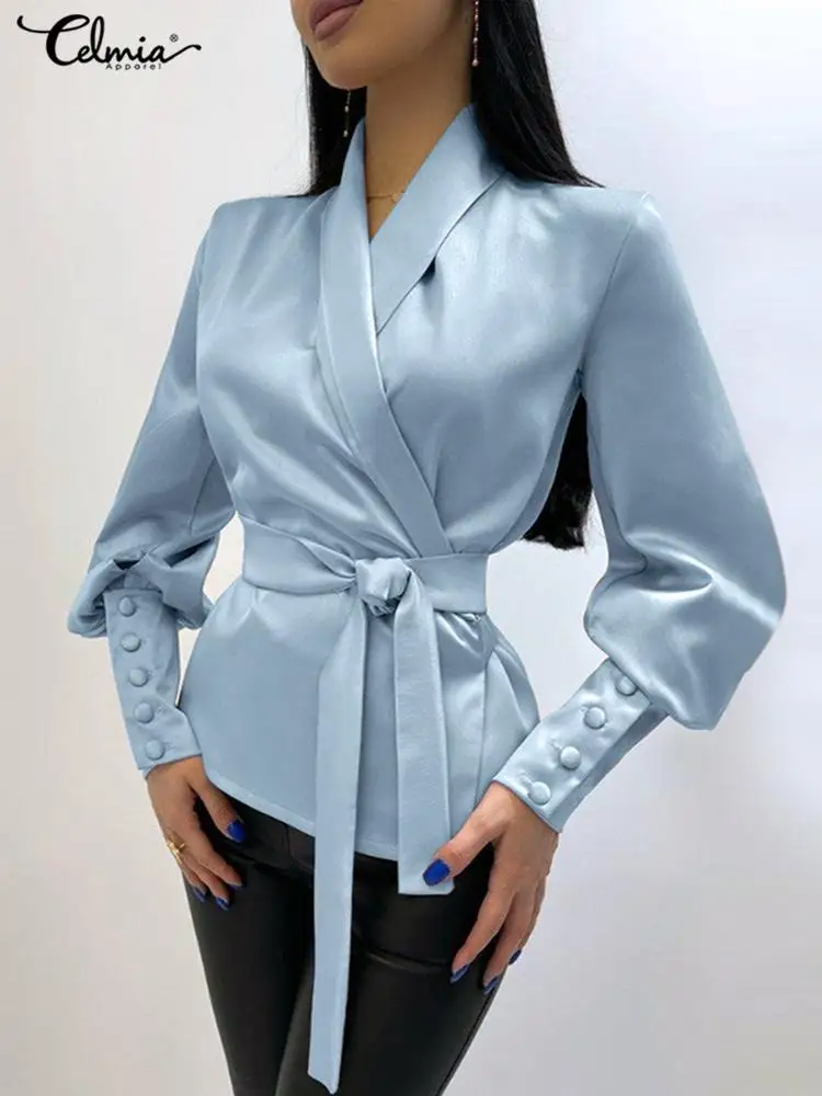 

Блузка celmiя Женская, с длинными рукавами-фонариками, глянцевая, однотонная, уличная