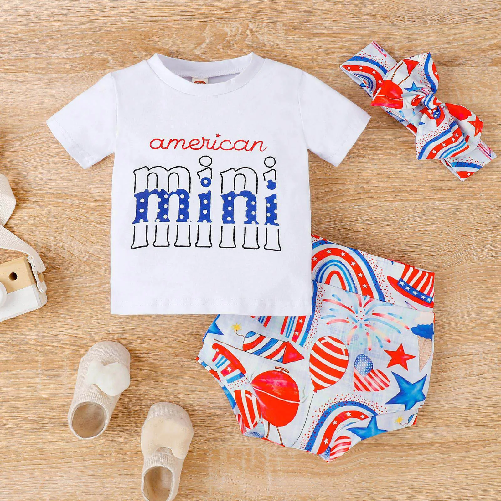 

3Pcs Newborn Infant Baby Clothes Girls Short Sleeve Independence Day Letter Prints Tops Cartoon Prints Shorts Girls Clothes Sets