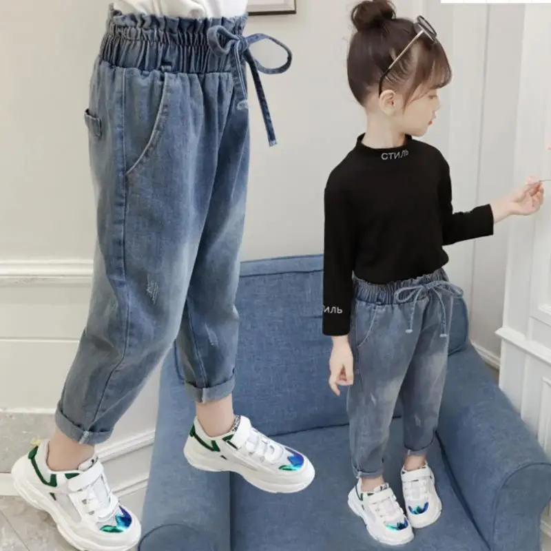 

2022 New Arrival Autumn Baby Girls Denim Pants Children Kids Solid Jeans High Waist with Bottons Fashion Cute Girls Jeans3-12Y