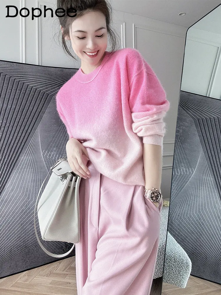 

Gradient Color Cashmere Sweater Round Neck Long Sleeve Pullover Sweet Knitted Sweater Coat Women 2022 New Autumn Winter Clothes