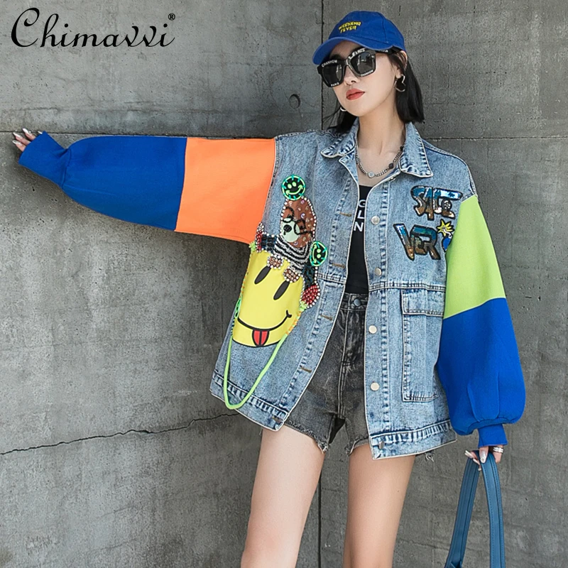 

2022 Spring New Fashion Stitching Long-Sleeved Denim Jacket for Female Loose Cartoon Pattern Beaded Patch Top Women's