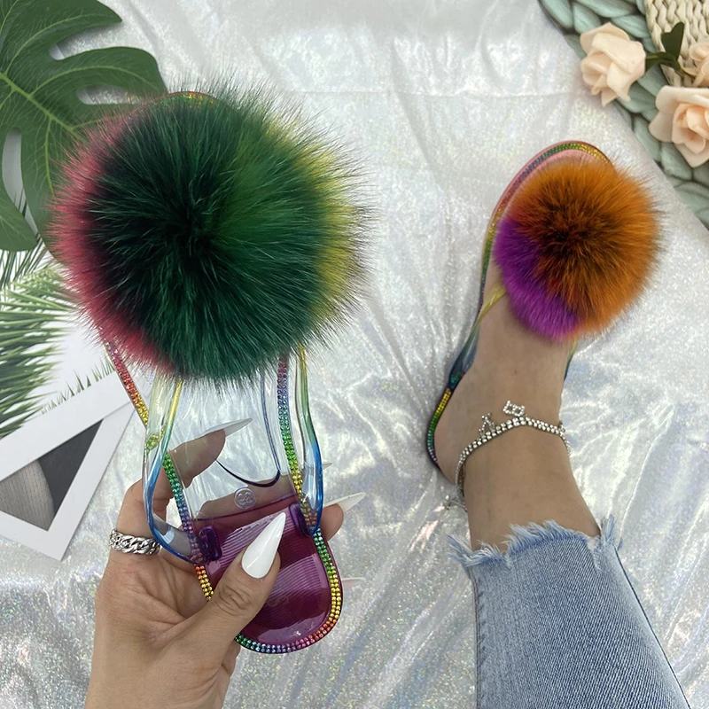 Fur Flip Flops Women Summer Beach Slippers Ladies Real Fur Furry Pom Pom Transparent Crystal Flats Slides 2022 Fox Fur Sandals