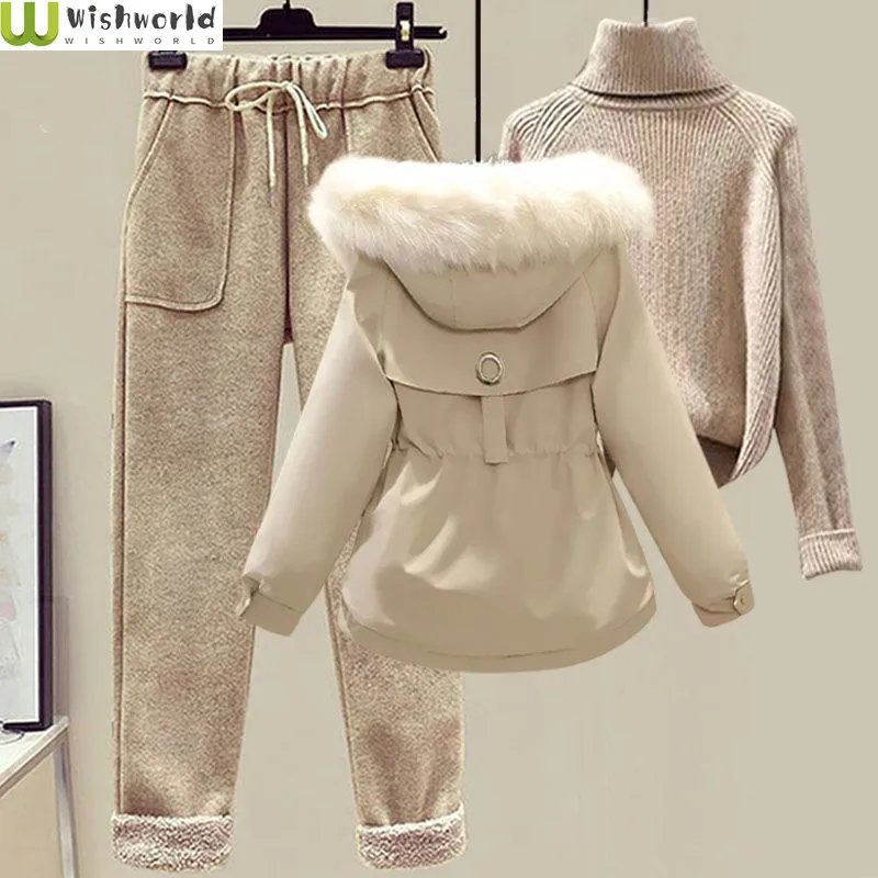 Autumn and Winter 2023 Korean Version Students with Wool Collar Down Cotton Coat Woolen Casual Pants Fashion Women's Suit
