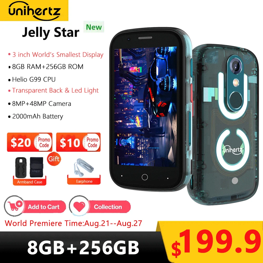 Unihertz Jelly Star Smallest Android 13 Smartphone 8GB 256GB Led Light Transparent Backshell Mobile Phone 48MP 3inch Cellphones