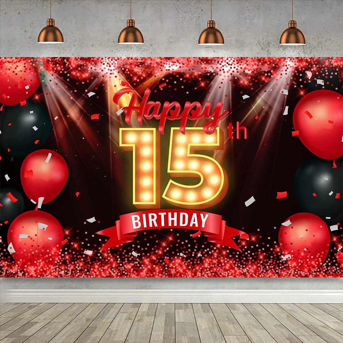 Happy 15th Birthday Party Cake Banner Photography Backdrop Red and Black 15 Years Old Background Bday Decorations for Girls Boys