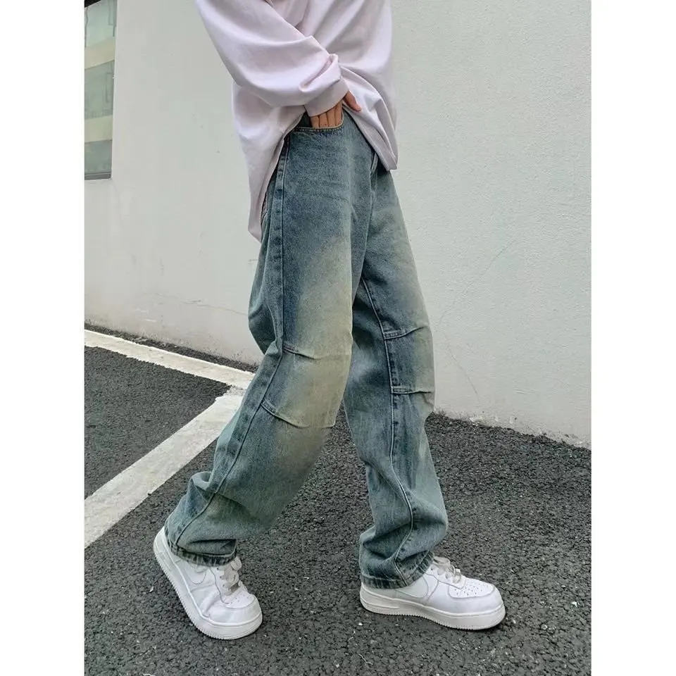 Men's Jeans European and American High Street Biker Denim Cross Embroidery Hip-hop Straight Loose Wide-leg Pants