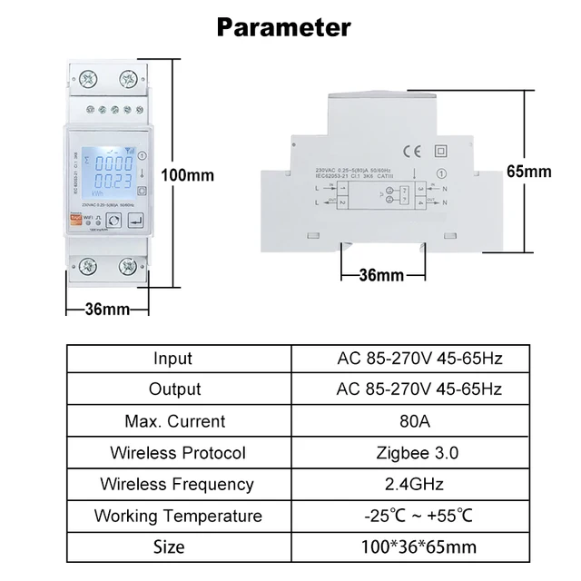 Tuya Smart ZigBee Energy Meter Single Phase 80A Din Rail Power Monitor KWh Wattmeter Voltmeter Ampermeter 110V 220V 50/60Hz 2