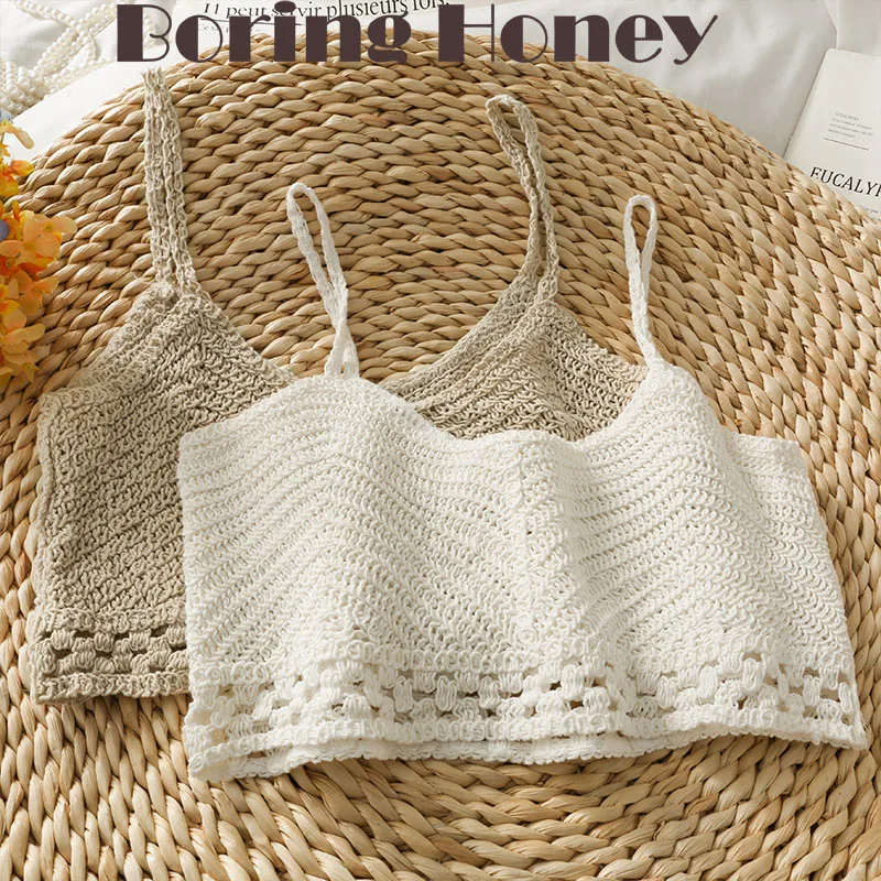

Boring Honey Hollow Out Retro Casual Short Tops Loose And Comfortable Be All-Match Pure Colour Crochet Beach Crop Tops Women