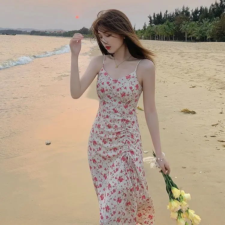 

French Style Temperament Mid-Length Dress Summer New Gentle Split Waist Fitted Slimming Floral Chiffon Dress