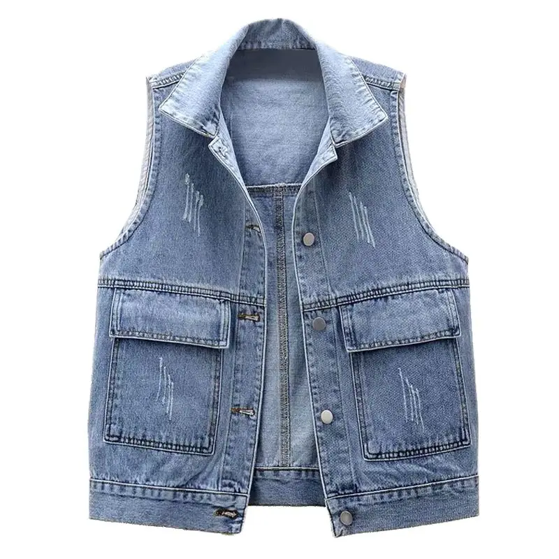 

Women Denim Vest Jacket Outerwear SlimShort Waistcoat Casual Tops Sleeveless Big Pocket Female Summer All-Match Splicing Coats