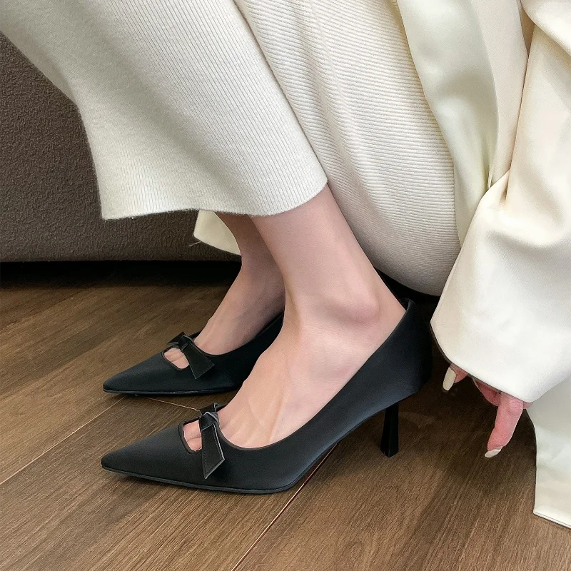A6 Women's Spring Autumn Season New High Heels Temperament Pointed Bow Knot Light Mouth Solid Color Fashion Single Shoe Female
