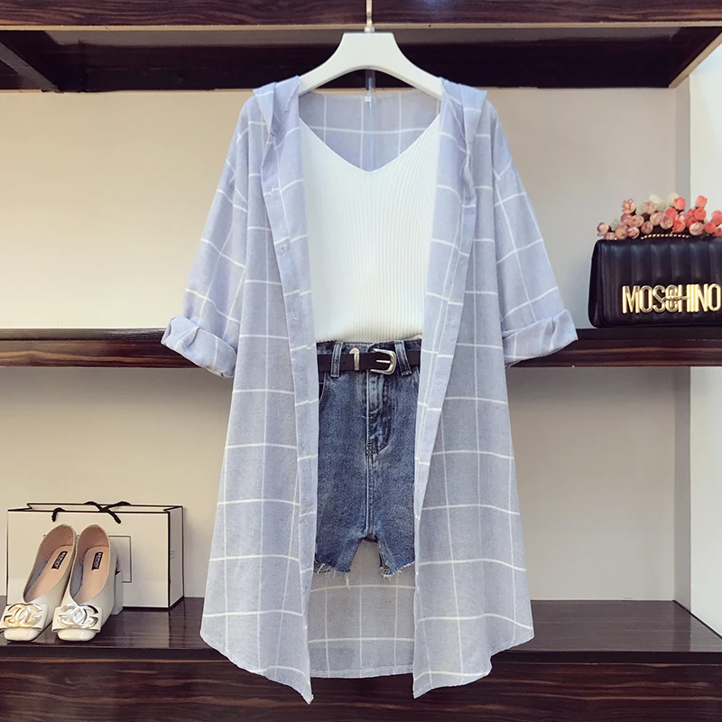 

Women Korean Casual 3 Piece Set Women 3/4 Sleeve Plaid Long Hoodies Sunscreen Shirts + Knitted Vest + Denim Short Sets