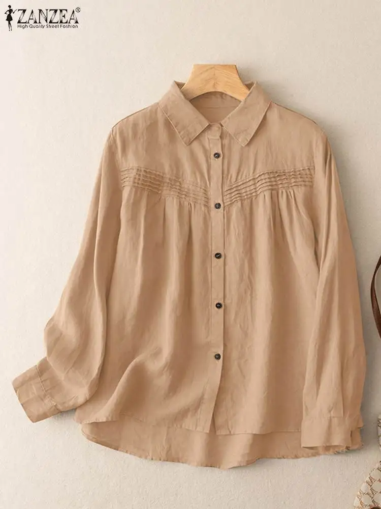 

Fashion Lapel Neck Long Sleeve Pleated Blouse Elegant Solid Buttons Down Tops Casual Loose Blusas 2024 ZANZEA Women Autumn Shirt